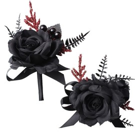 JHCYULUO Black Wrist Corsage and Boutonniere Set for Wedding Artificial Flower Accessories Prom Party Decoration (Black)