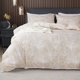 Nayoroom Bed Linen 140 x 200 cm, Duvet Cover Set with Beige Leaves Pattern, Microfibre Tropical Palm Leaves Reversible Bedding Set with Zip and Pillowcase 70 x 90 cm