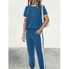 MASCOMODA Womens 2 Piece Outfits 2024 Summer Tracksuit Sets Short Sleeve Tops Long Pants Jogger Lounge Set(Blue,Medium)