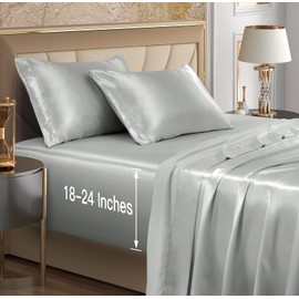 VACVELT 4pcs Extra Deep Pocket Satin Sheets Queen Size Bed Set, Silver Grey Satin Sheet Set Fit 18-24 Inch Deep Pocket Mattress, Silky & Luxury Satin Bedding Set Soft & Ultra Deep Fitted Sheet Set