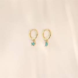 Dainty Moon Star Turquoise S925 Sterling Silver Dangle Drop Earrings for Women 14k Gold Plated Asymmetry Statement Charm Dangling Hanging Huggic Hoops Hypoallergenic Fashion Jewelry, Small, Sterling