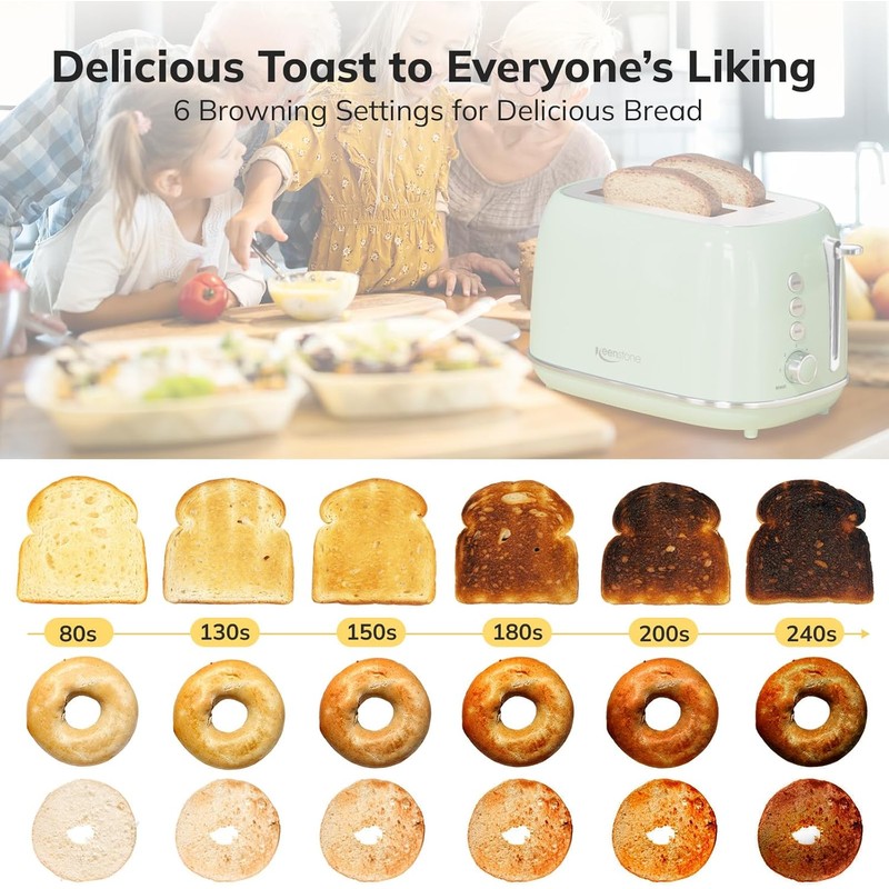 2 Slice Stainless Steel Toaster Retro with 6 Bread Shade