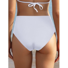 SHEKINI Women's High Waisted Bikini Bottoms Swim Shorts Ruched Foldover Front Tummy Control Swimming Briefs Full Coverage Bathing Suit Bottoms Ladies Retro. White, S