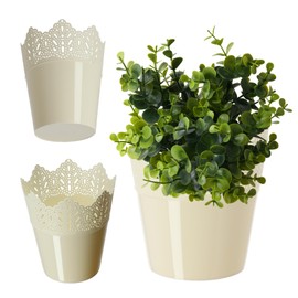 KADAX Lace Plastic Flower Pot, 9 Colours, Flower Pot with Lace Motif, Flower Pot Protector for Office, Pot, Garden Bowl, Flower Pot, Planter (Diameter 12 cm, Low, Cream)
