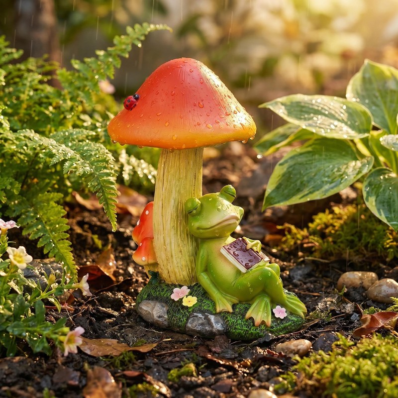 dojune Solar Powered Garden Mushroom Statue with Reading Frog, Outdoor