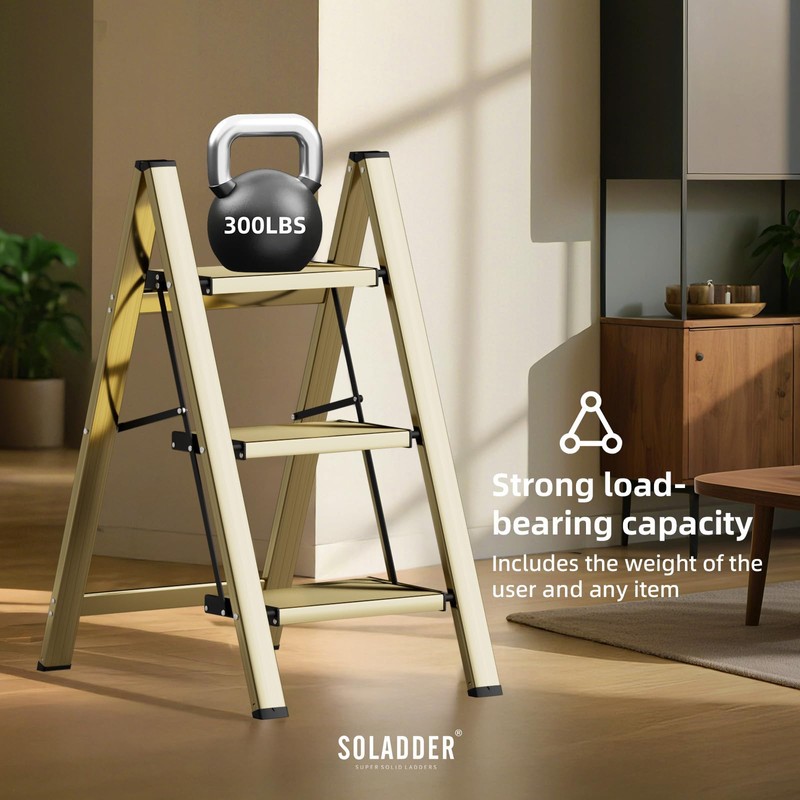 SOLADDER 3 Step Ladder, Anti-Slip and Lightweight Foldable Step Ladder