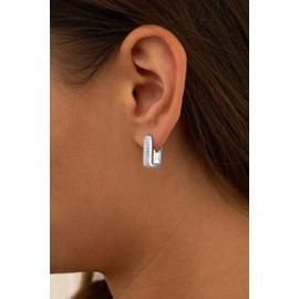 Cassini Rectangular Hoop Earrings with Zirconia Stones, Small Hoop Earrings Made of 925 Sterling Silver and Gold-Plated, Sterling Silver