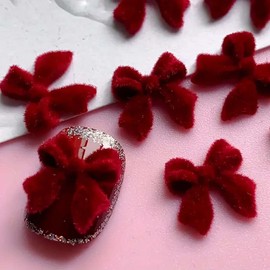 Valentine Bow Nail Charms 20PCS Wine-Red Velvet Bow Nail Accessories Autumn&Winter Three-Dimensional Bow Tie Nail Decorations Mixed Style Bow Nail Art Charms for Valentine Nail Art