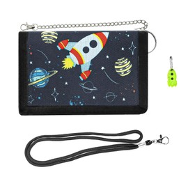 Alriedy Wallet Children's Space Design Neck Pouch Boys Girls with Metal Chain Fastening Foldable Coin Compartment 8 x 12 cm Teenagers with Rocket Star Motifs