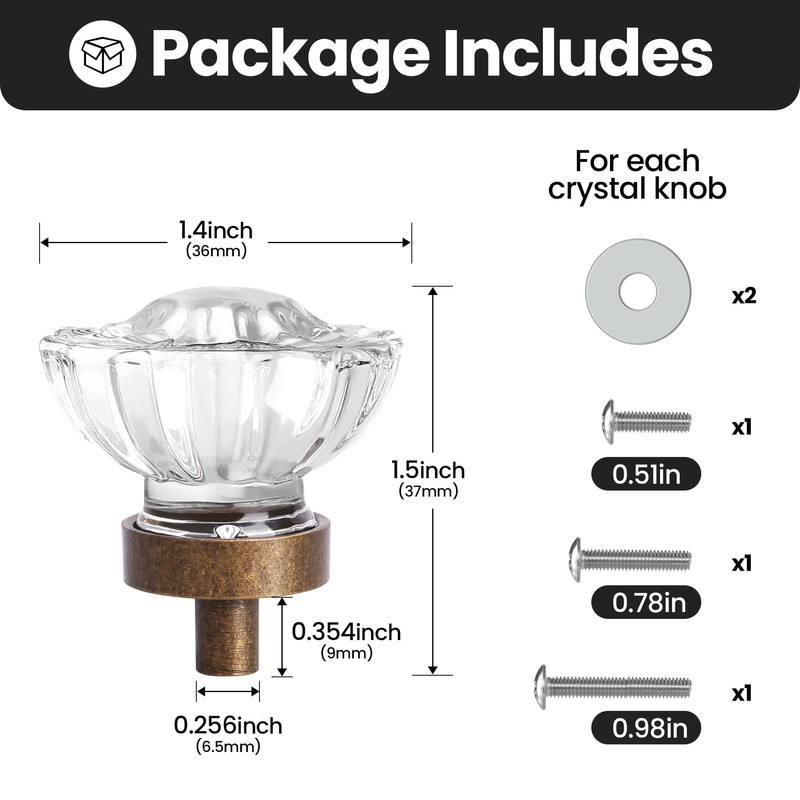 Vintage Cabinet Knobs Crystal Cabinets Knob 8 Pack, Antique Brass