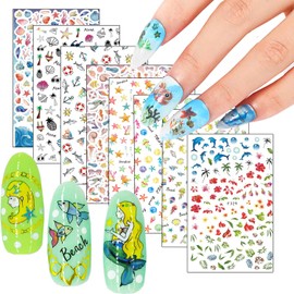 Sea Animals Nail Art Adhesive Sticker 3D Self-Adhesive Nail Decals Art Design Holographic Starfish Whale Shell Nail Art Sticker Decoration for Women Manicure Tips Acrylic Nails DIY Nails Art Supplies