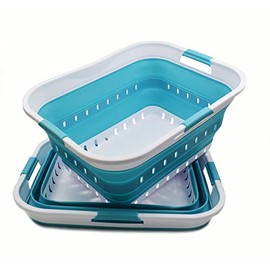 SAMMART 42L (11 Gallon) Collapsible Plastic Laundry Basket - Foldable Pop Up Storage Container/Organizer - Portable Basket - Space Saving Hamper/Basket (2, White/Bright Blue)