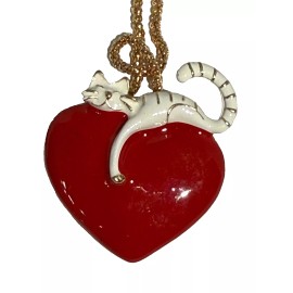BETSEY JOHNSON JEWELRY YOUR KITTY HAS YOUR HEART PIN/PENDANT RED HEART WHITE CAT