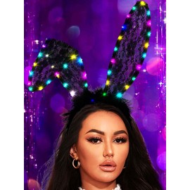 Foyte Black Bunny Ears Headband Light Up Lace Rabbit Headpiece Glowing Fluffy Headbands Long Ears Hair Accessories for Women Masquerade
