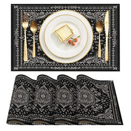 ZSYTZL Placemats Set of 4 Washable Durable Table Placemats for Dining Table Mat,Boho Monaco Pattern Kitchen Table Mats Decor Place Mats for Kitchen/Dining/Party/Outdoor-Black