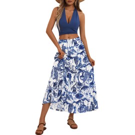 FENSACE Women Two Piece Outfits Sets Summer Halter Neck Top Maxi Skirt Beach Vacation Dresses(White Blue Floral,Large)