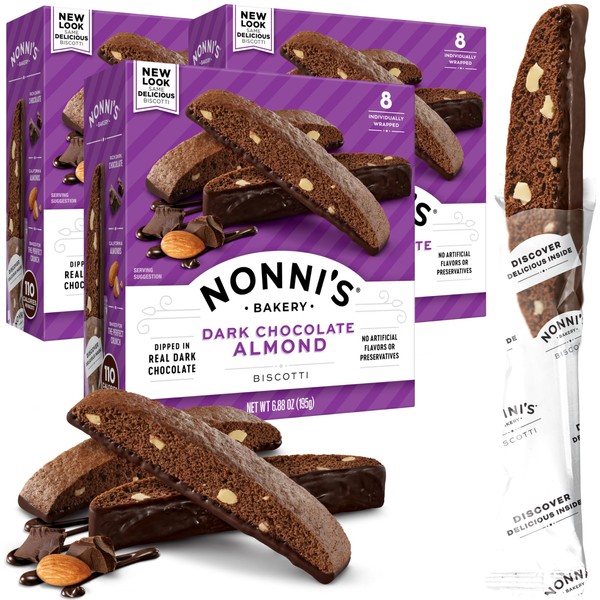 Nonni's Dark Chocolate Almond Biscotti Italian Cookies - 3 Boxes Dark Chocolate Cookies - Biscotti Individually Wrapped Cookies - Italian Biscotti Cookies w/Bittersweet Chocolate & Almonds - 6.88 oz