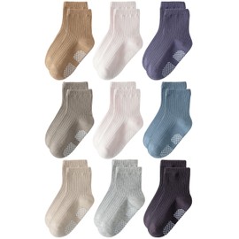 EUFANCE Toddler Grip Socks Non Slip Crew Socks Cute Seamless Cotton Socks for Baby Boys Infants Kids 9 Pairs