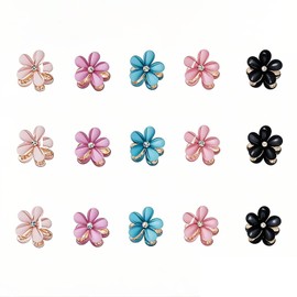 Doromy Floral Pearl Barrette 15 Packs Crystal Hair Clips, Mini Flower Crystal Claw Clip Small Barrettes for Women's and Girls Hair Accessories