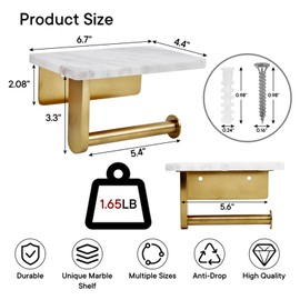 Toilet Paper Holder with Natural Marble Shelf for Bathroom Washroom,Wall Mounted Tissue Holder Suitable for Mega Roll (Brushed Gold, Small 6.7 * 4.3 in)