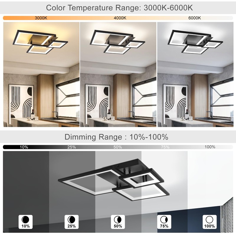 HLILCEH Modern Black Led Ceiling Light 3-Square Design 3000K-6500K Dimmable