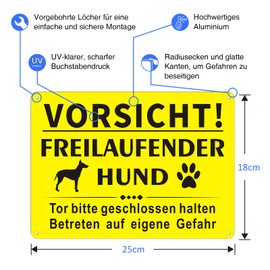 Pack of 2 Caution Dog Sign, 25 x 18 cm Free-Ranging Dog Sign, Metal Aluminium, Reflective Aluminium Warning of Dog Signs, Weatherproof - For Indoor and Outdoor Use, Yellow