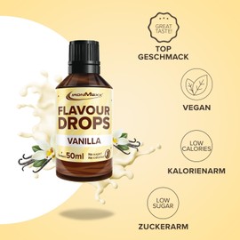 IronMaxx Flavour Drops - Vanilla 50 ml, Calorie Free & Sugar Free, Vegan Flavour Drops for Sweetening Food, Practical Pipette Closure, from Germany