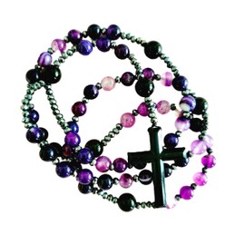 BJ BshuxiuJ Handcrafted Rosary Necklace Featuring Purple Agate Stone with Black Agate and Hematite Beads – Stylish Beaded Cross Necklace for Men - Elegant Rosary Beads for Men (Purple Agate)