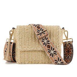 WEIMZC Women's Summer Straw Braided Shoulder Crossbody Bag with Tassel Chain, Adjustable Shoulder Straps Woven Beach Handbag Handmade Wallet Purse for Beach Travel Vacation(Beige (5cm) Color65)
