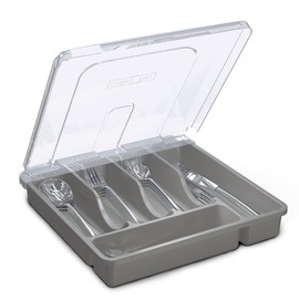 Silverware Organizer with Lid, Covered Utensil Tray for Kitchen Drawer and Countertop, Plastic Cutlery and Flatware Storage Box for Spoons Forks Knives Holder Case, BPA Free Flatware (Dgrey)