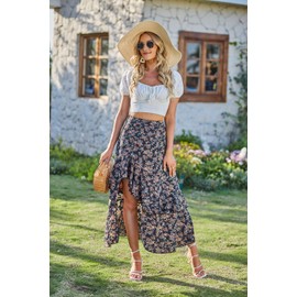 BTFBM Women 2023 Summer Spring Boho Long Skirts Dress Floral Print Elastic Waist Split Ruffle High Low Beach Maxi Skirt, Print Floral Black, Large