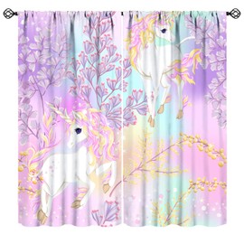 JanJCurt Fantasy Unicorn Curtains, Fairy Tale Flowers Pink Blue Purple Rainbow Unicorn Print Window Treatments for Girls Kids Teens Bedroom Living Room 42x45in （No Blackout）