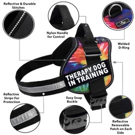 Therapy dog in Training Nylon Dog Vest Harness. Purchase comes with 2 reflective THERAPY DOG in TRAINING removable patches. PLEASE MEASURE your dog before ordering (Girth 12-16", Tie Dye)