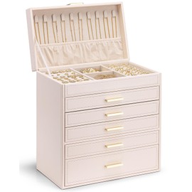 Vlando Jewelry Box Organizer,Large Jewelry Storage for 5 Drawn,PU Leather Jewelry Boxes for Women,Earring Necklace Rings Watch Display Boxes,Wedding Birthday Gift Apricot White