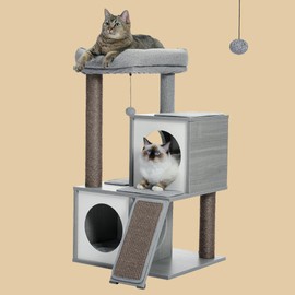 BEROXII 35 Inches Cat Tree for Indoor Cats, Wooden Medium Cat Tree House with Dangling Balls, 18.9"X17.3"X35", (Grey)