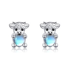 Highland Cow Earrings Sterling Silver Cow Stud Earrings Scotland Mother's Day Jewelry for Women Mom (moonstone)