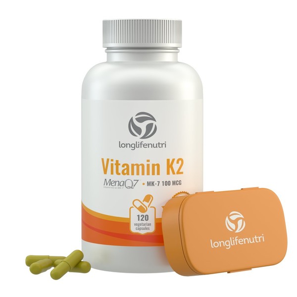 LongLifeNutri Vitamin K2 MK7 100 Mcg with MenaQ7-120 Veg Caps | from Natto | Heart & Bone Health | Cardiovascular Support | Non-GMO