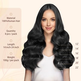 Sassina Clip in Hair Extensions Human Hair Remy Double Weft Straight Clip in Extensions Human Hair Jet Black Real Natural Human Hair Extensions 14 Inch 8 Pcs 90 Grams #1