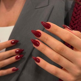 Wine Red Press on Nails Short Almond Shaped, SXVME Short Almond Fake Nails Glue on, Thick Natural Acrylic False Nails Handmade of Gel, Extra Short Gel Nails for Big & Petite Fingers, 30Pcs