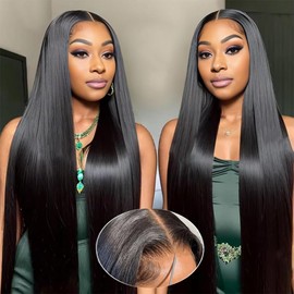 FTQZKEY 28 Inch Wear and Go Glueless Wigs Human Hair Pre Plucked Pre Cut 7X5 Straight Lace Front Wigs Human Hair Wigs for Women No Glue 220% Density Natural Black