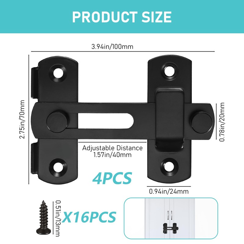 4 Pcs 180 Degree Flip Sliding Barn Door Lock Black