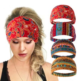 Pemilosci Wide Headbands for Women and Girls - Non-Slip Elastic Sweat Bands for Exercise, Running, Sports & Yoga (Boho 4pcs)
