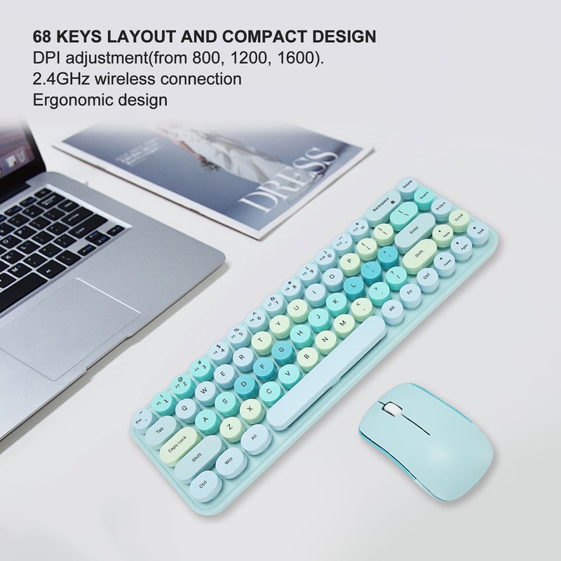 Keyboard Mouse Combo 2.4GHz Wireless Cute Retro 68 Round Keycaps