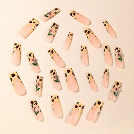 BABALAL Press on Nails Long Square Fake Nails French Tip Glue on Nails Cheetah Print Design Cherry Charm Luxury Acrylic Nails 24Pcs Squoval Stick on Nails Manicure Full Cover False Nails