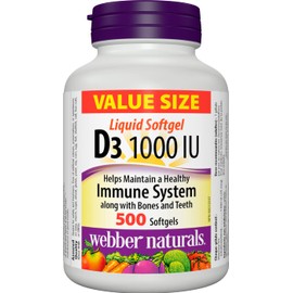 Webber Naturals Vitamin D3 1,000 IU, 500 Softgels, For Healthy Bones, Teeth, and the Maintenance of Good Health, Gluten and Diary Free, Non-GMO
