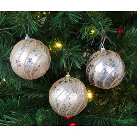 Toyland® Pack of 3 Champagne Decorated Baubles with Glitter Swirl Design 8cm - Christmas Tree Decorations