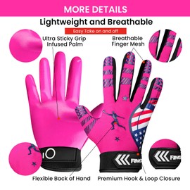 Football Receiver Gloves Youth Pair,Ultra Stick Palm Grip Gloves for Kids Age 5-14 Small Large XL Medium, Black White Blue Red Orange Durable Breathable Flexible American (Pink, Large)