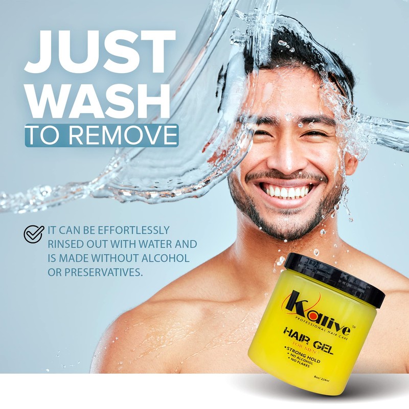 KALIVE Men's Hair Styling Gel 8 oz, Strong-Hold and Light