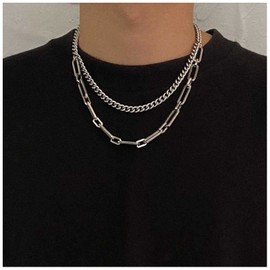 Iaceble Punk Layered Choker Necklace Paperclip Link Chain Necklace Silver Curb Chain Necklace Gothic Hip Hop Choker Necklace Jewelry for Men and Women
