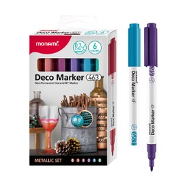 MONAMI Deco Marker 463, Extra-Fine Tip (0.7mm), Water-Based Premium Acrylic Paint Markers for Home Decorations, Arts, Crafts, METALLIC 6-Pack (M-Red, M-Blue, M-Pink, M-Green, M-Violet, M-Brown)